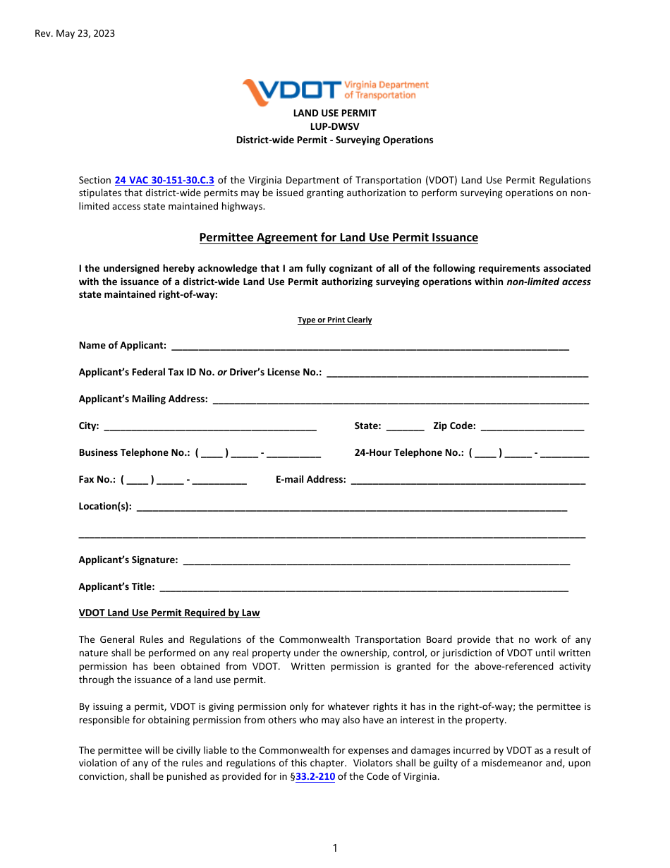 Form LUP-DWSV Land Use Permit - District-Wide Permit - Surveying Operations - Virginia, Page 1