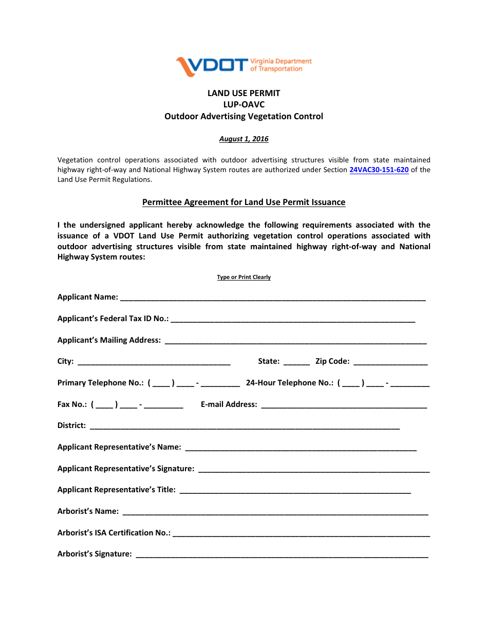 Form LUP-OAVC Land Use Permit - Outdoor Advertising Vegetation Control - Virginia, Page 1