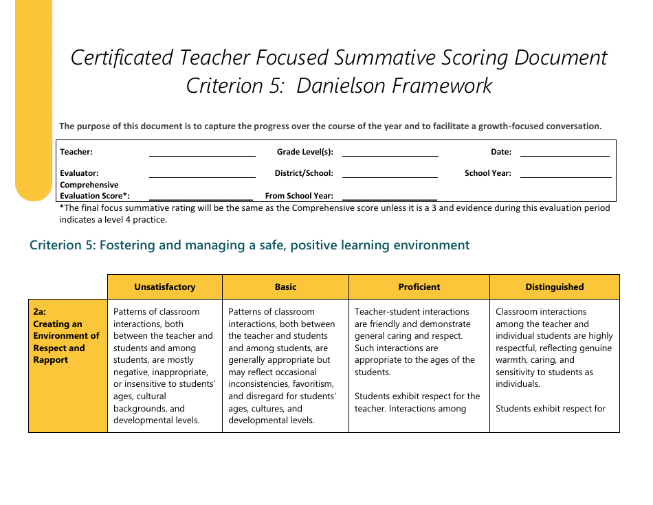 Certificated Teacher Focused Summative Scoring Document Criterion 5: Danielson Framework - Washington, Page 1