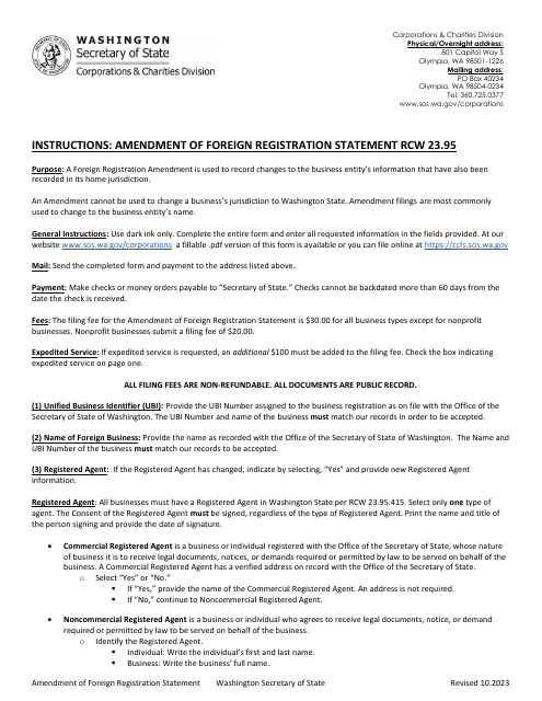 Amendment of Foreign Registration Statement - Washington Download Pdf