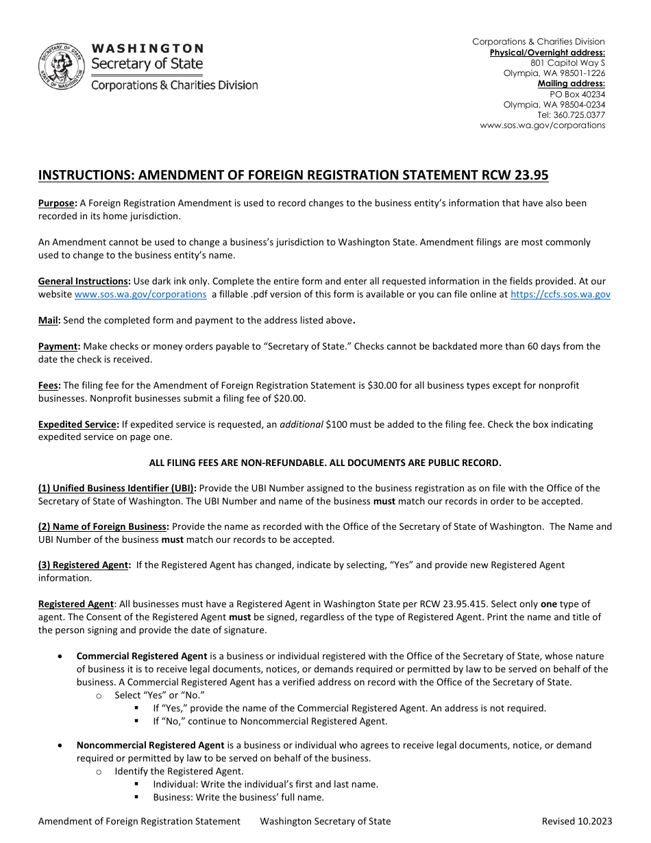 Amendment of Foreign Registration Statement - Washington, Page 1