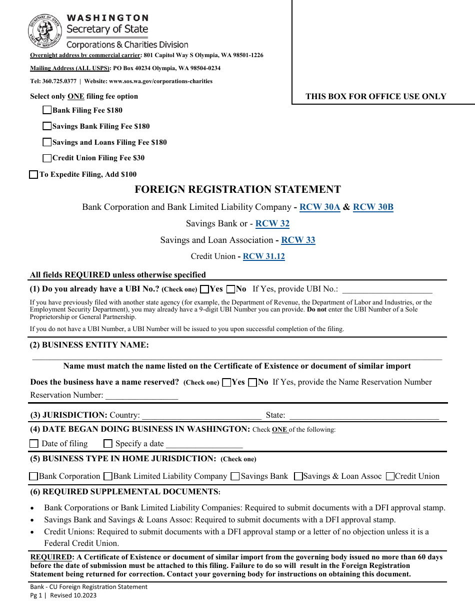 Foreign Registration Statement - Bank Corporation and Bank Limited Liability Company / Savings Bank / Savings and Loan Association / Credit Union - Washington, Page 3