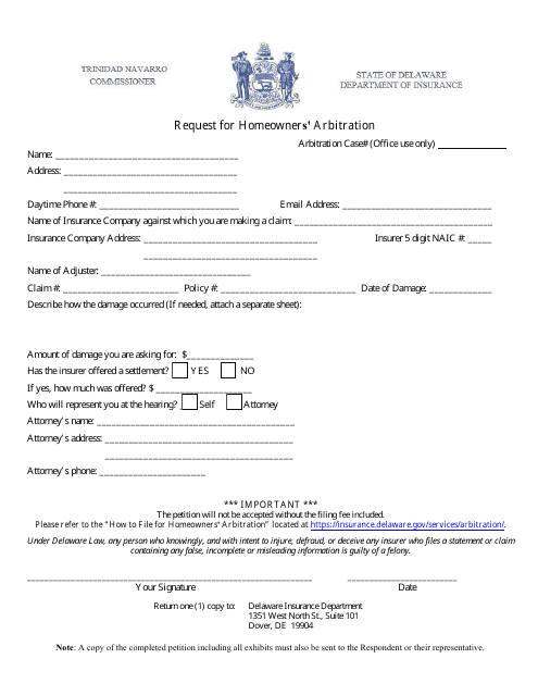 Request for Homeowners' Arbitration - Delaware Download Pdf
