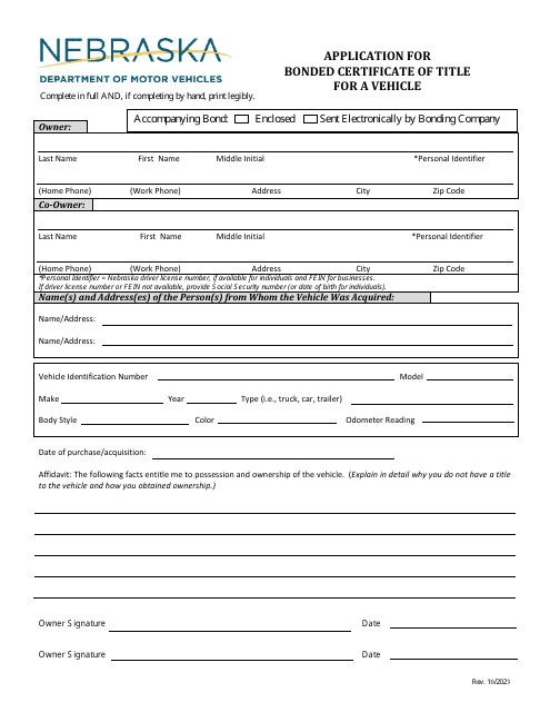 Application for Bonded Certificate of Title for a Vehicle - Nebraska Download Pdf