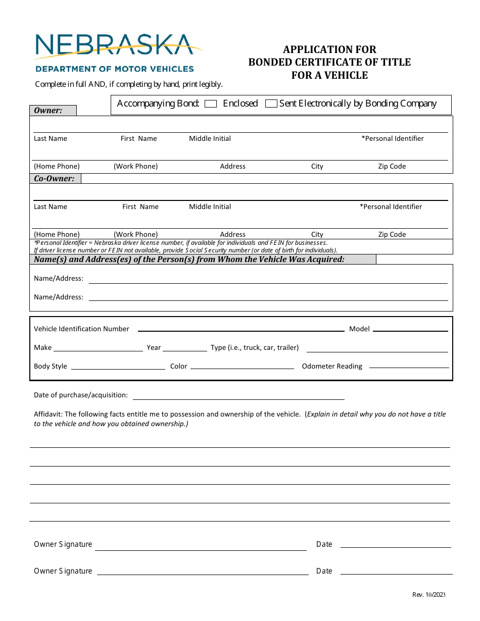Application for Bonded Certificate of Title for a Vehicle - Nebraska, Page 1