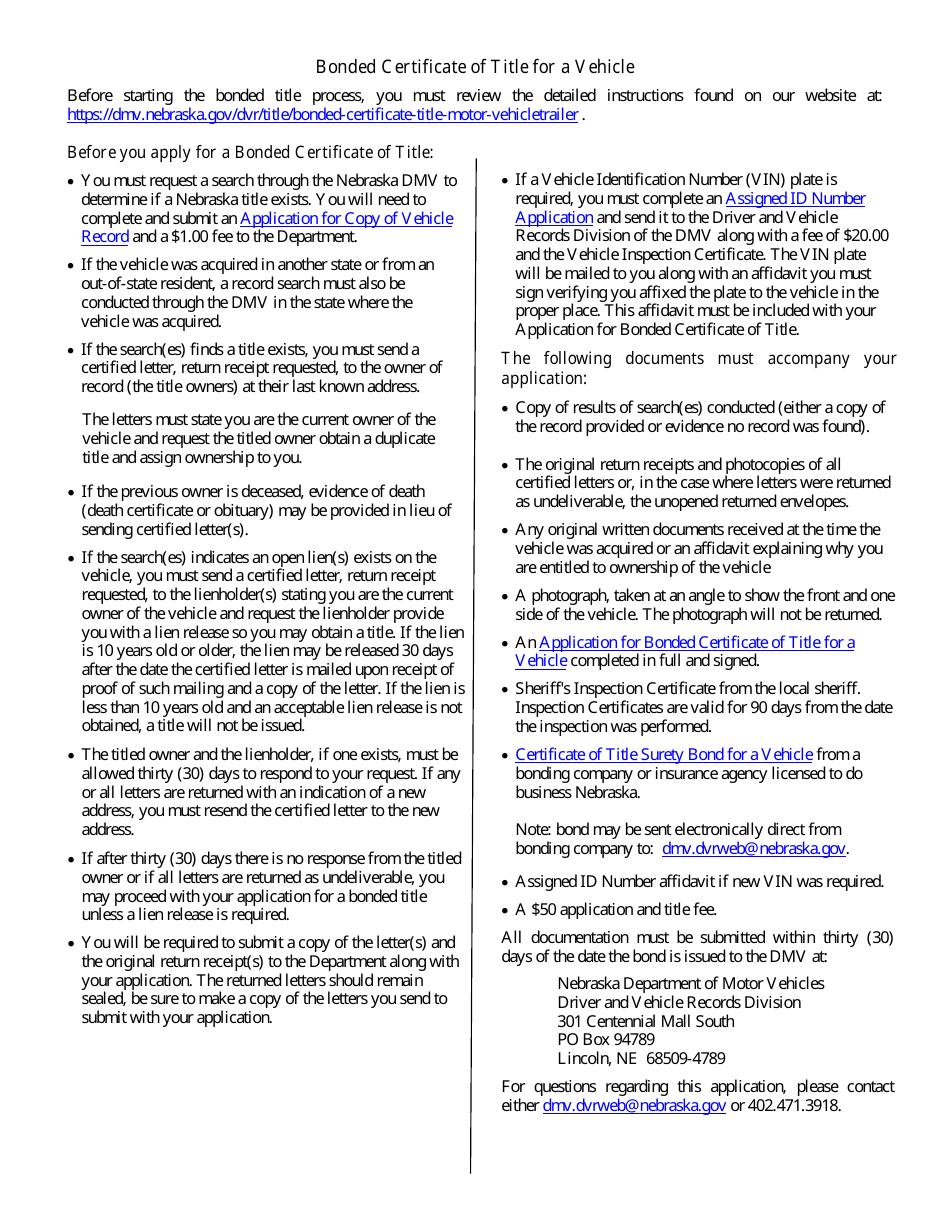 Application for Bonded Certificate of Title for a Vehicle - Nebraska, Page 2