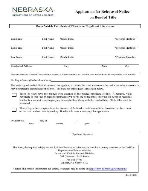 Application for Release of Notice on Bonded Title - Nebraska Download Pdf