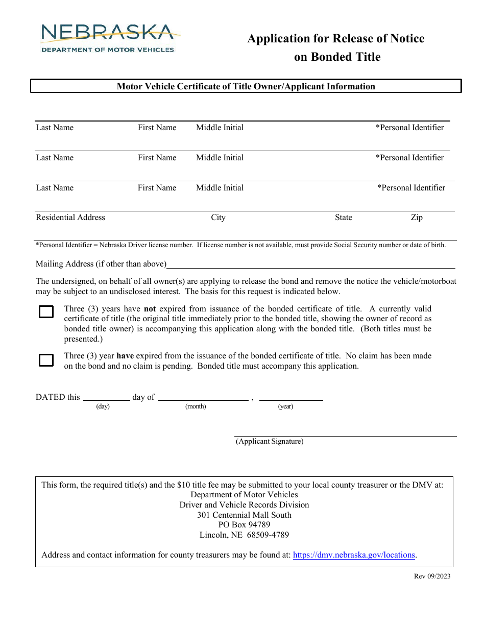 Nebraska Application for Release of Notice on Bonded Title - Fill Out ...