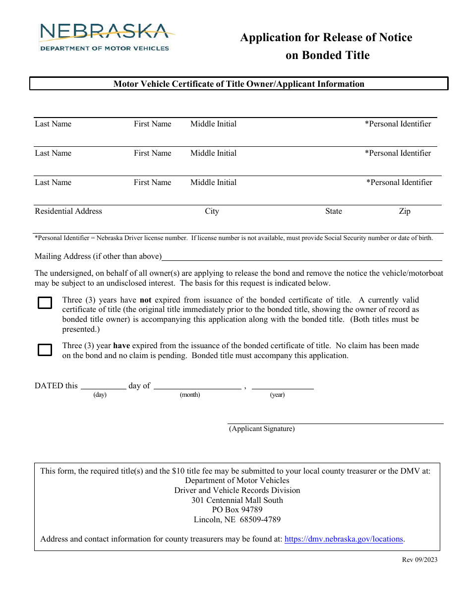 Application for Release of Notice on Bonded Title - Nebraska, Page 1