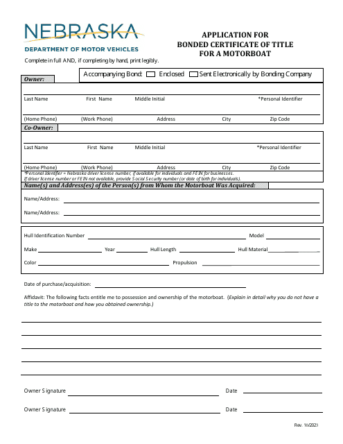 Application for Bonded Certificate of Title for a Motorboat - Nebraska Download Pdf
