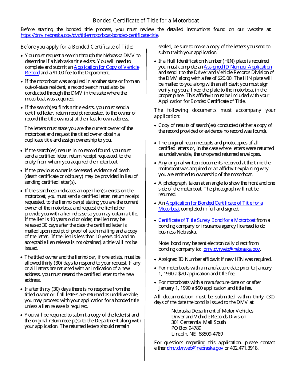 Application for Bonded Certificate of Title for a Motorboat - Nebraska, Page 2