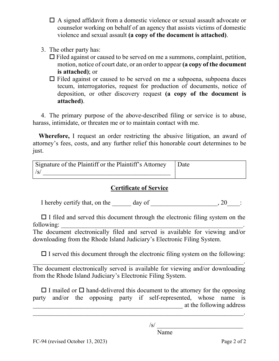 Form FC-94 Motion for Abusive Litigation - Rhode Island, Page 2