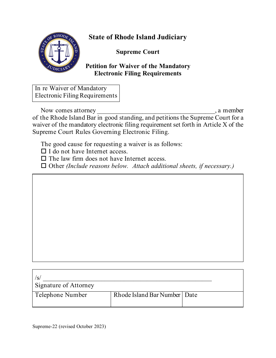Form Supreme-22 Petition for Waiver of the Mandatory Electronic Filing Requirements - Rhode Island, Page 1