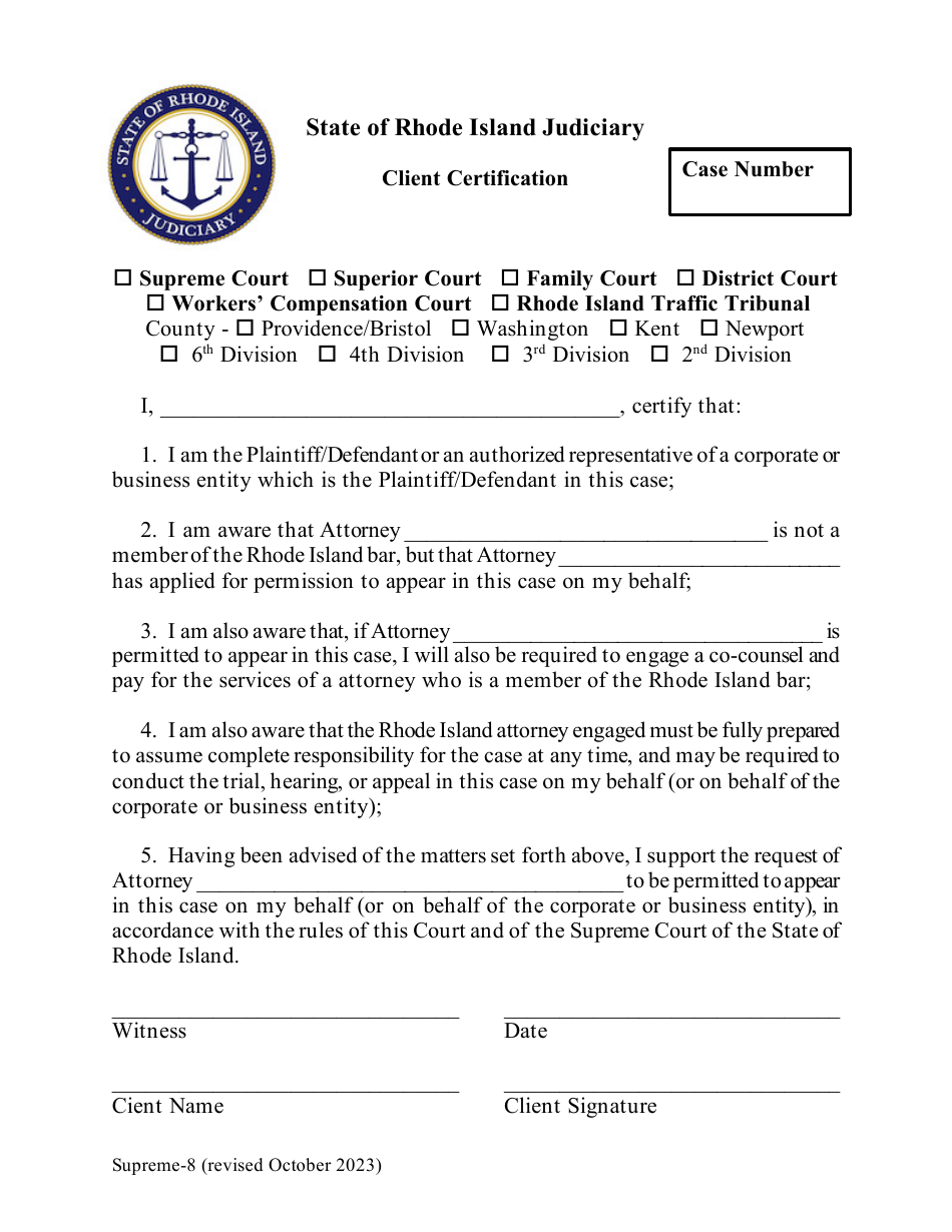 Form Supreme-8 Client Certification - Rhode Island, Page 1