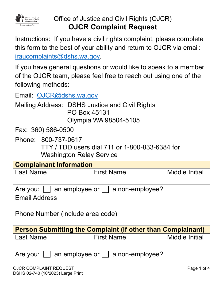 DSHS Form 02-740 Ojcr Complaint Request (Large Print) - Washington, Page 1