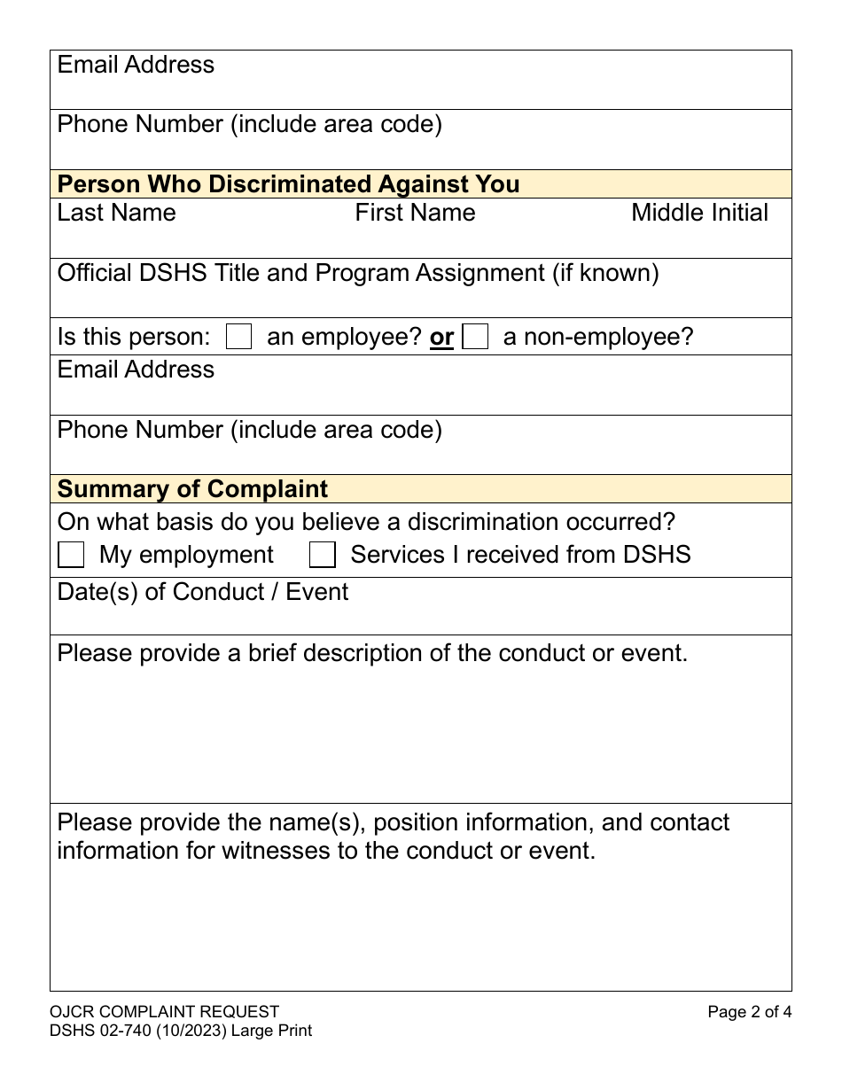 DSHS Form 02-740 Ojcr Complaint Request (Large Print) - Washington, Page 2