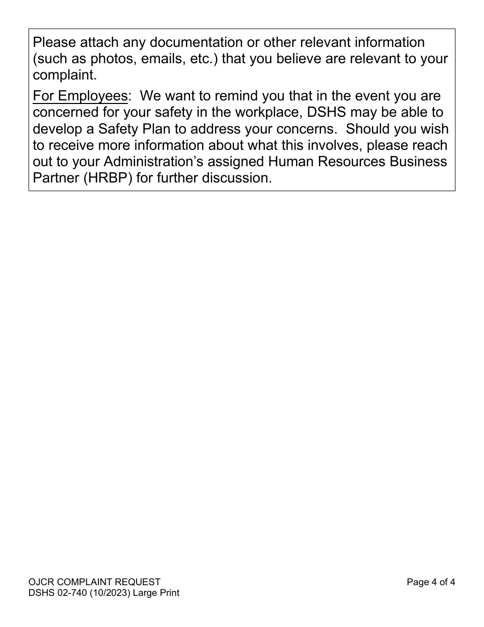 DSHS Form 02-740 Ojcr Complaint Request (Large Print) - Washington, Page 4
