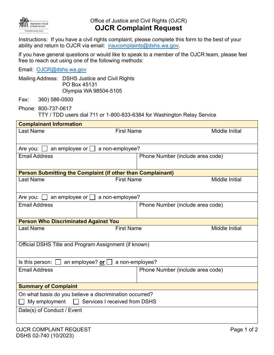DSHS Form 02-740 Ojcr Complaint Request - Washington, Page 1