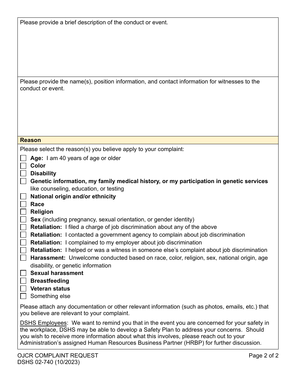 DSHS Form 02-740 Ojcr Complaint Request - Washington, Page 2
