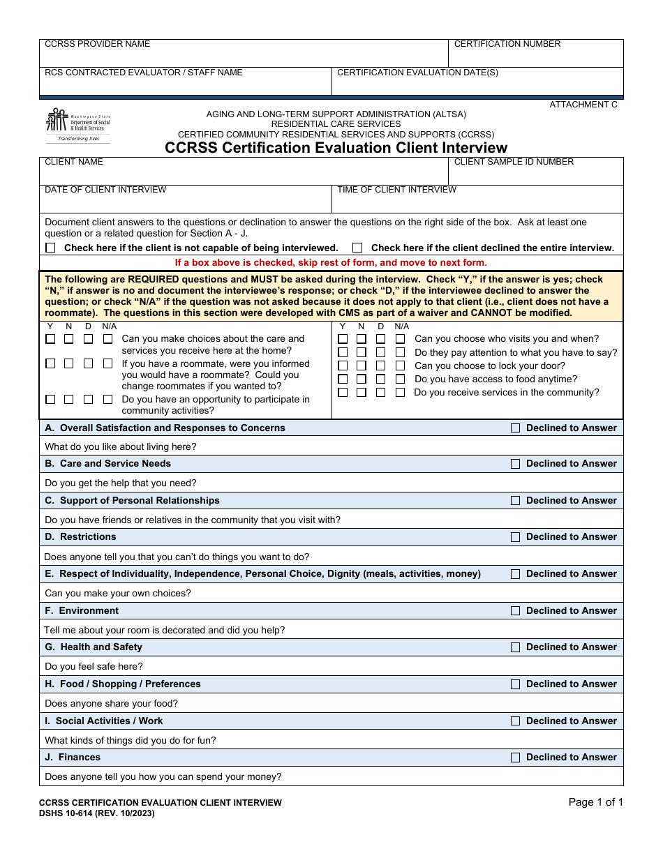DSHS Form 10-614 Attachment Ccrss Certification Evaluation Client Interview - Washington, Page 1