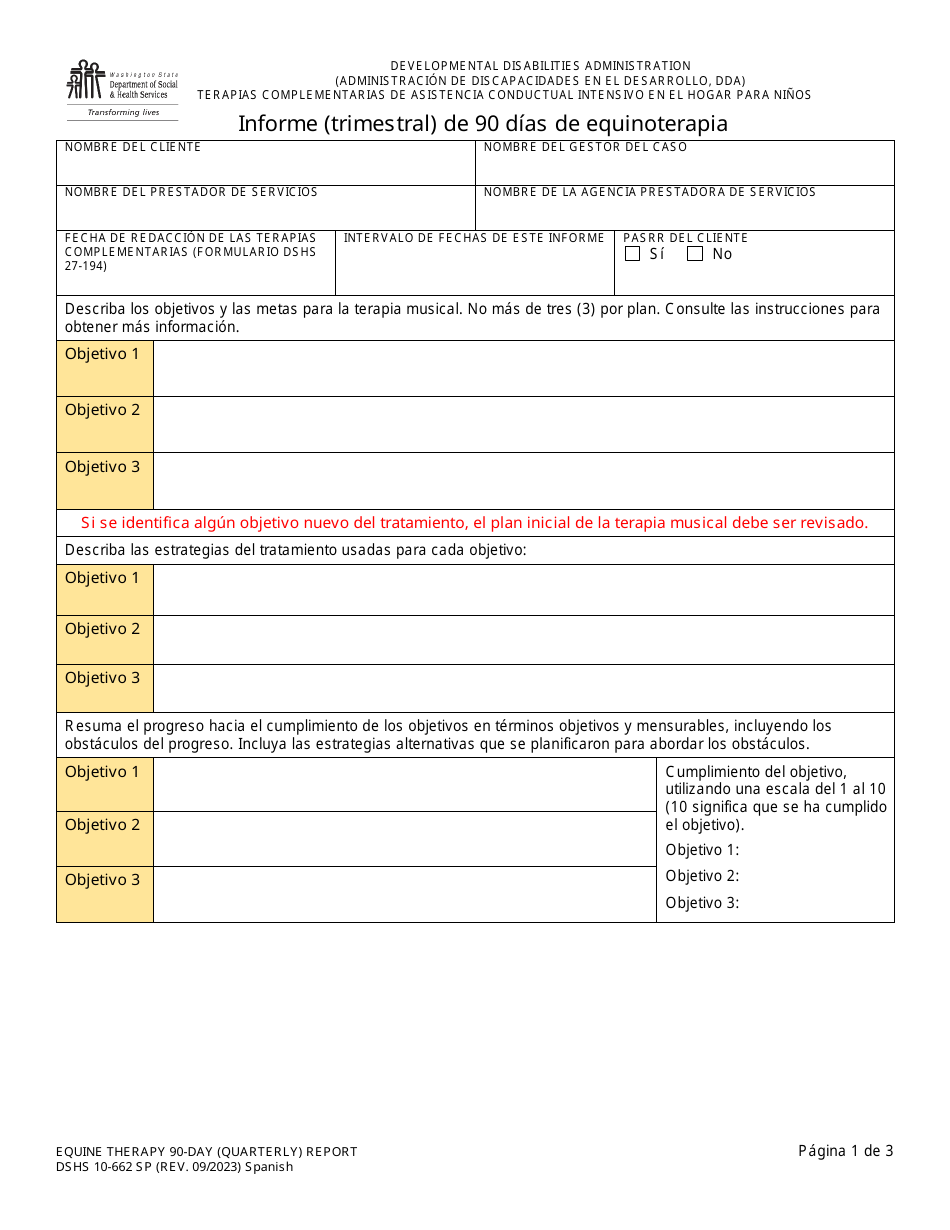 DSHS Formulario 10-662 Informe (Trimestral) De 90 Dias De Equinoterapia - Washington (Spanish), Page 1