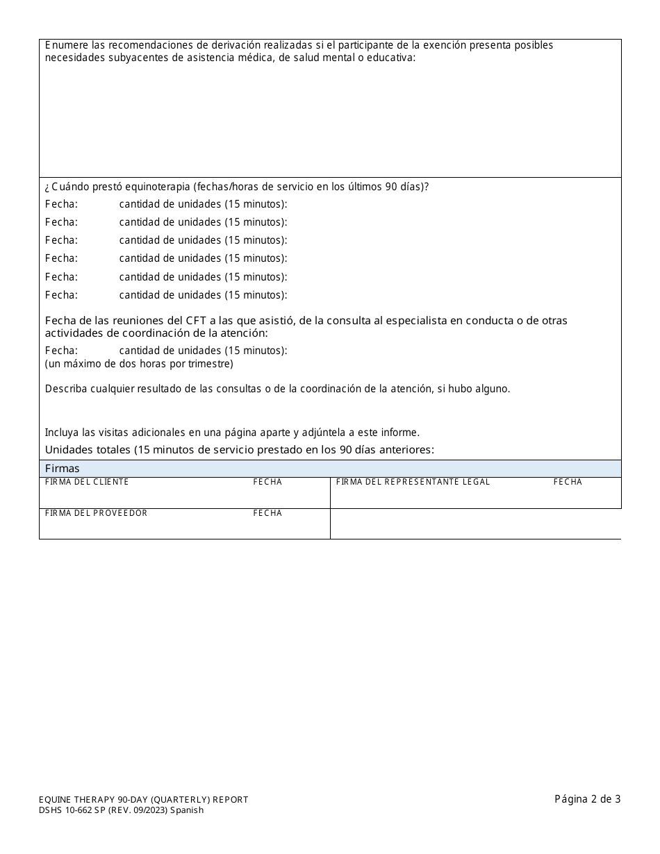 DSHS Formulario 10-662 Informe (Trimestral) De 90 Dias De Equinoterapia - Washington (Spanish), Page 2
