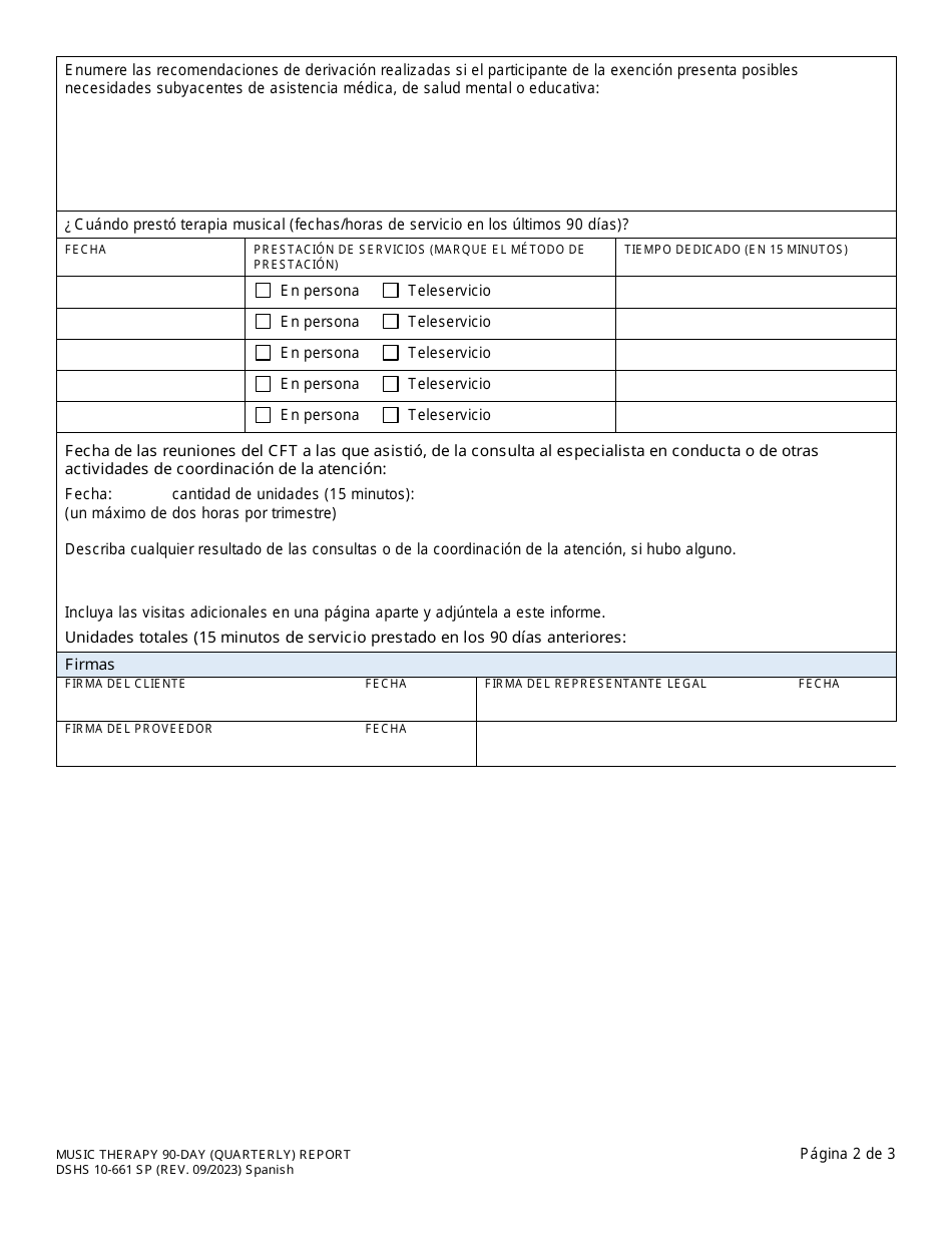 DSHS Formulario 10-661 Informe (Trimestral) De 90 Dias De Terapia Musical - Washington (Spanish), Page 2