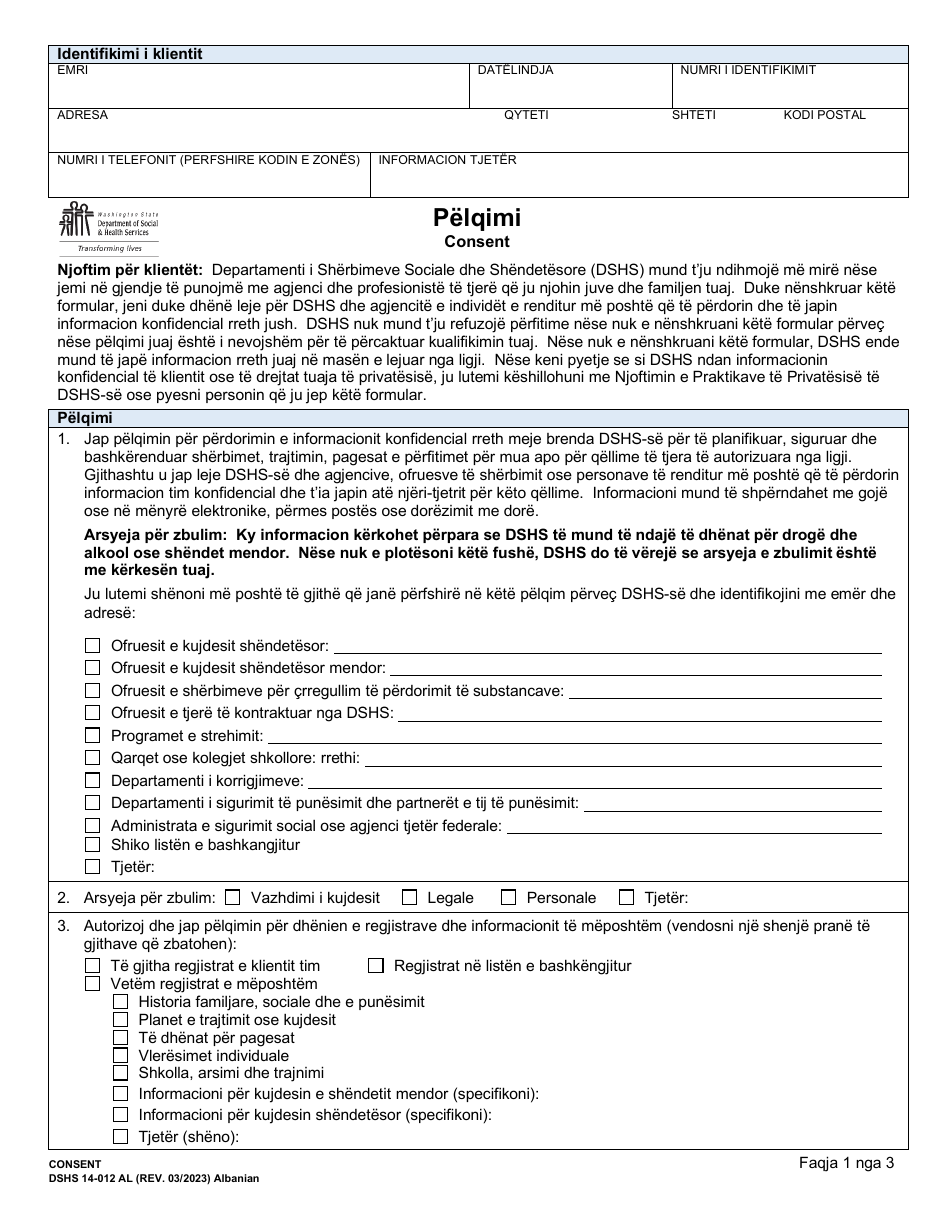 DSHS Form 14-012 Consent - Washington (Albanian), Page 1