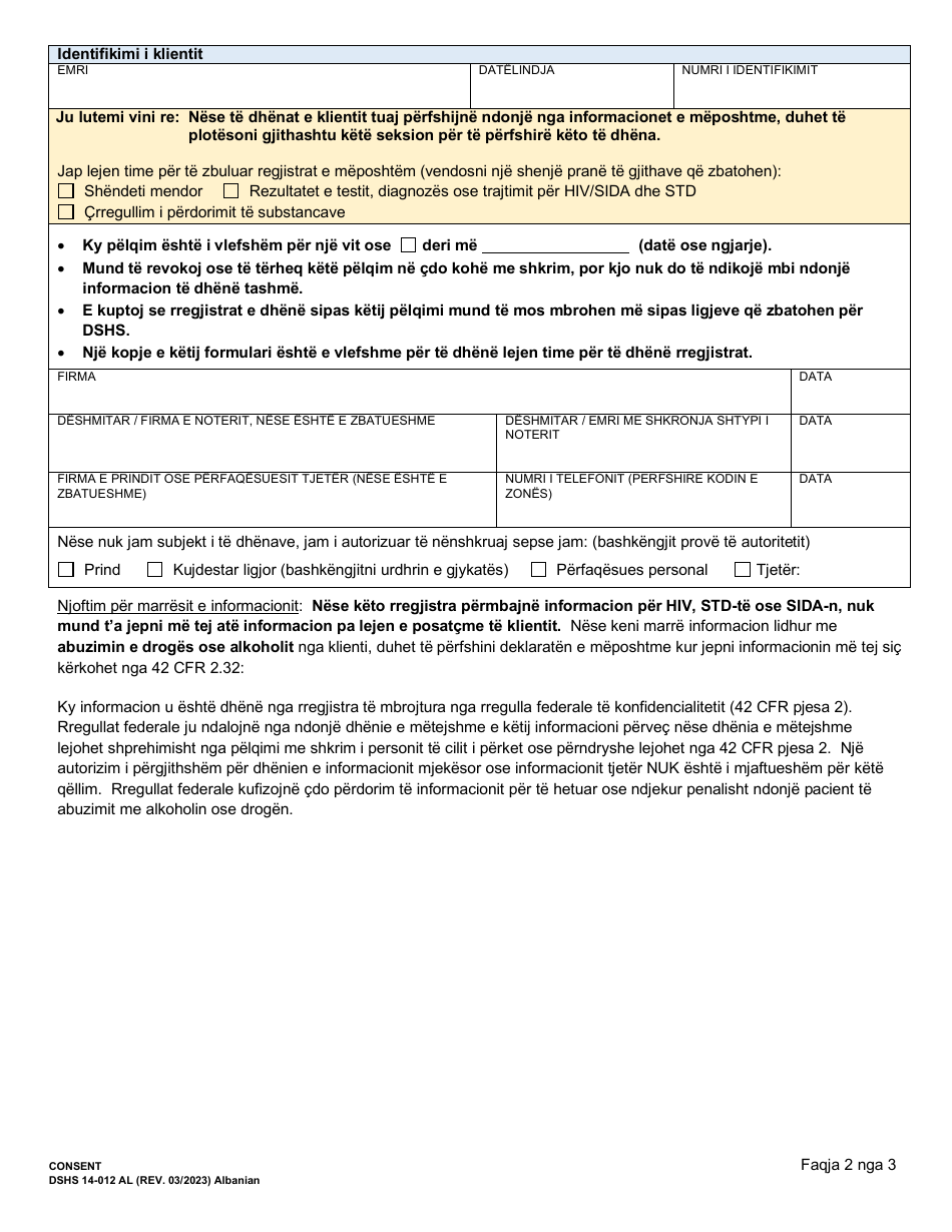 DSHS Form 14-012 Consent - Washington (Albanian), Page 2