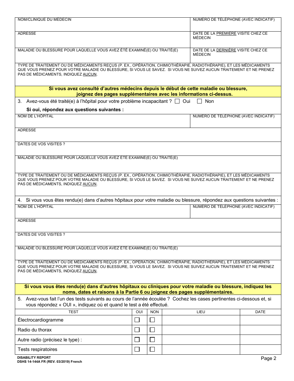 DSHS Form 14-144A Disability Report - Washington (French), Page 3