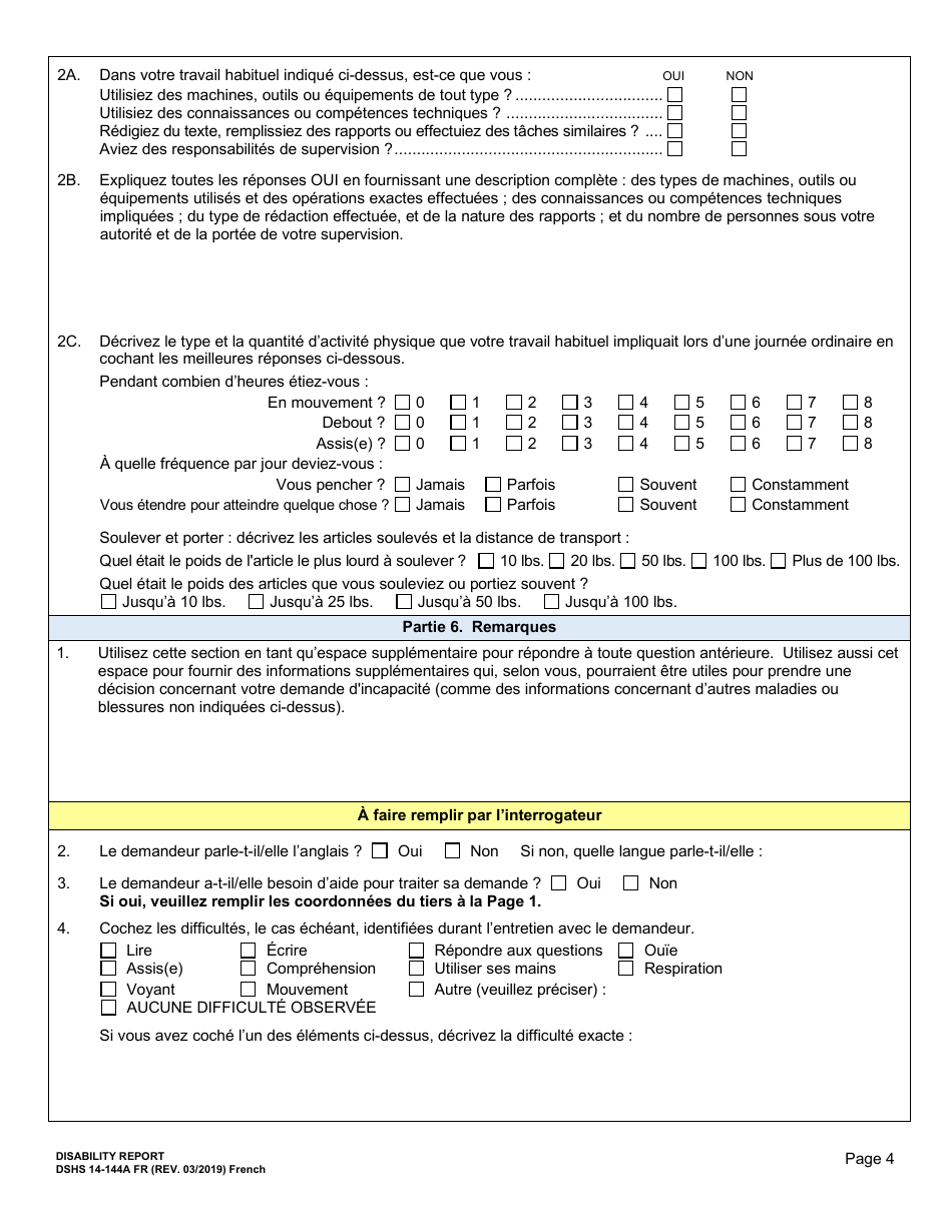DSHS Form 14-144A Disability Report - Washington (French), Page 5