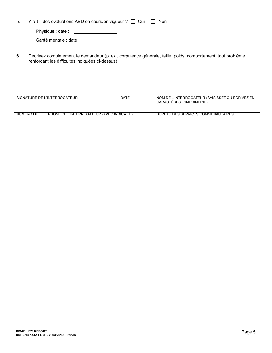 DSHS Form 14-144A Disability Report - Washington (French), Page 6
