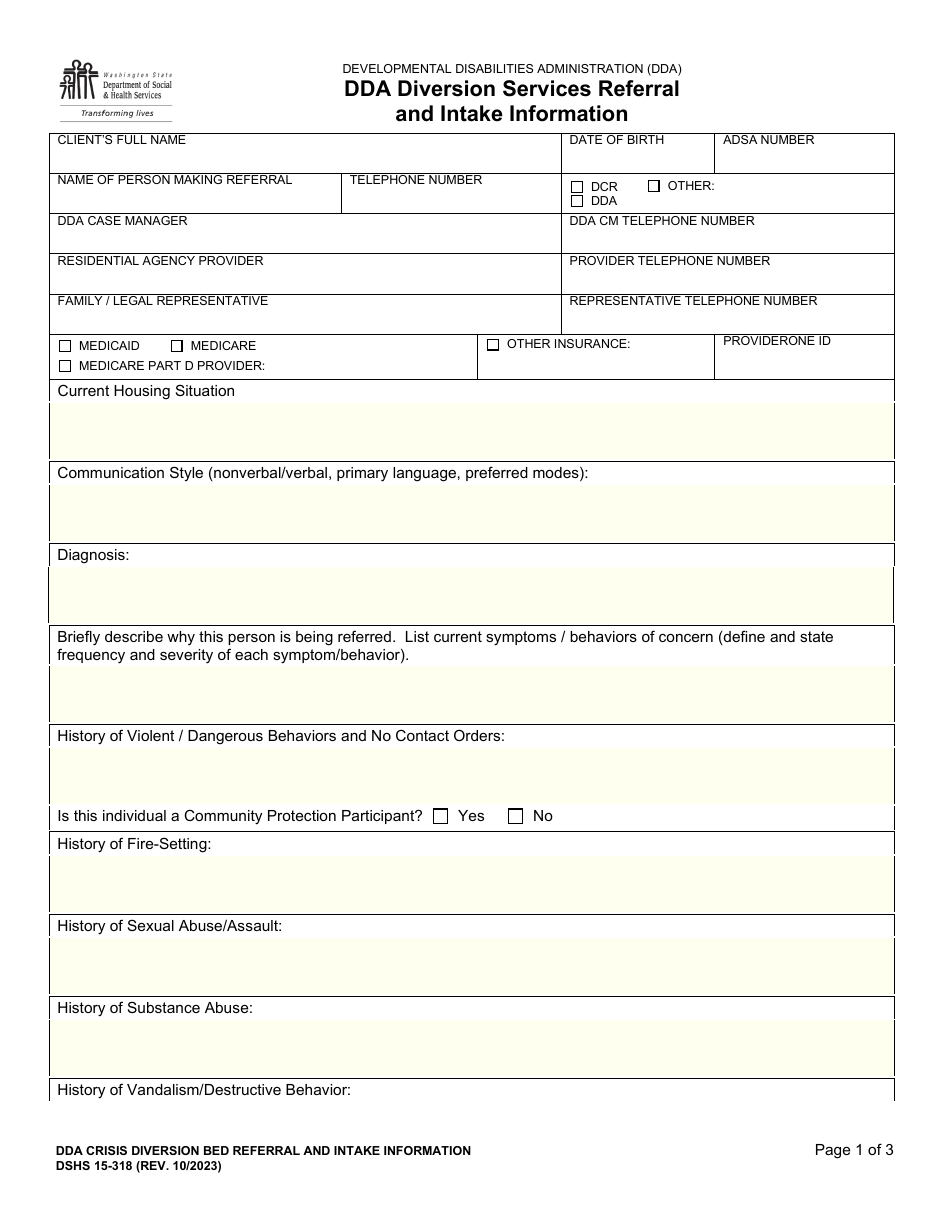 DSHS Form 15-318 Dda Diversion Services Referral and Intake Information - Washington, Page 1