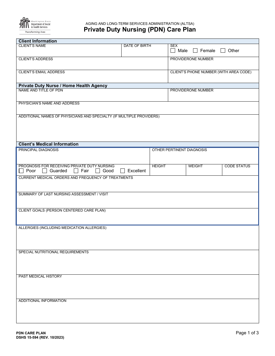 DSHS Form 15594 Download Printable PDF or Fill Online Private Duty