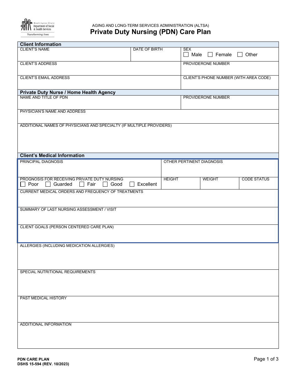 DSHS Form 15-594 Private Duty Nursing (Pdn) Care Plan - Washington, Page 1