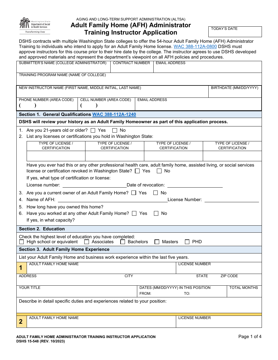 DSHS Form 15-548 Adult Family Home (Afh) Administrator Training Instructor Application - Washington, Page 1