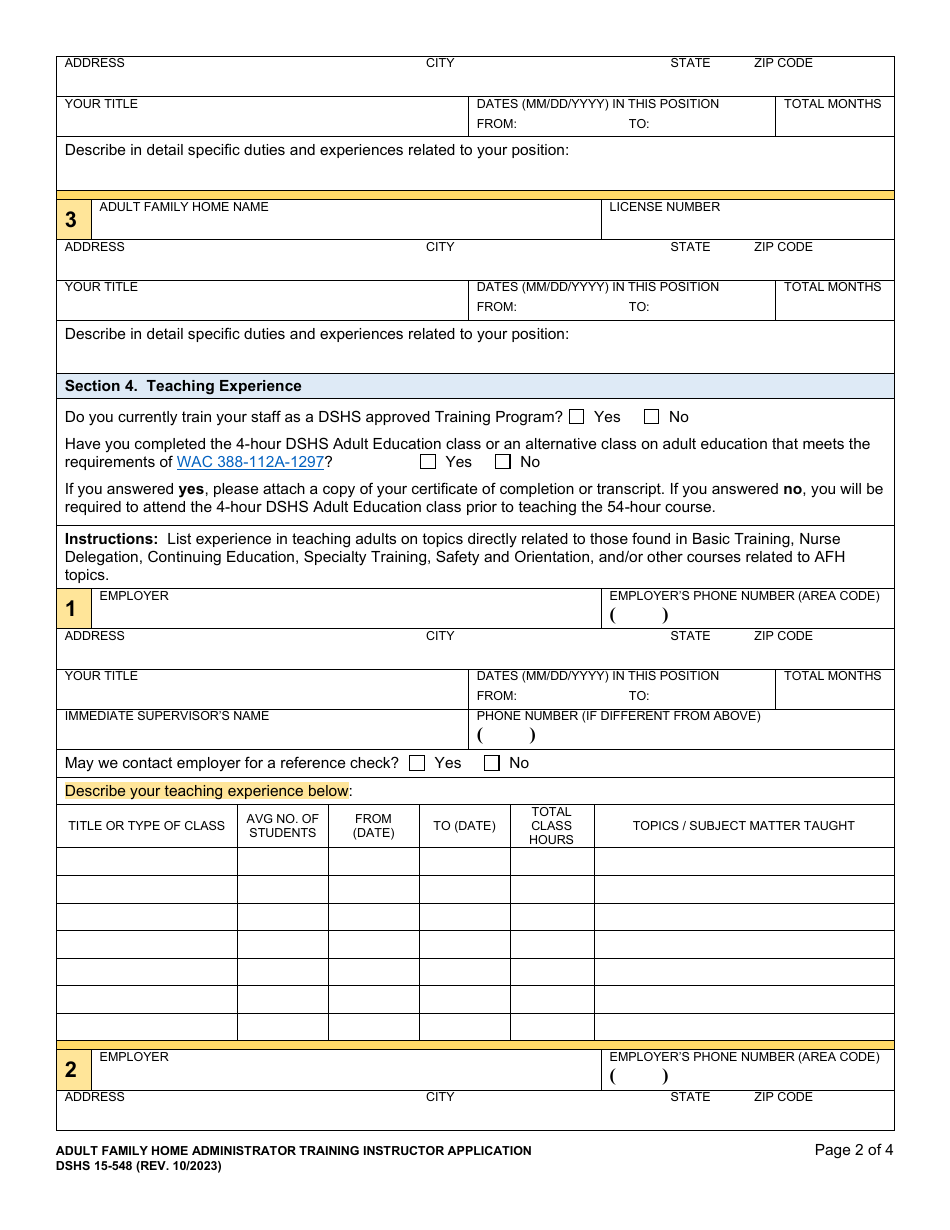 DSHS Form 15-548 Adult Family Home (Afh) Administrator Training Instructor Application - Washington, Page 2