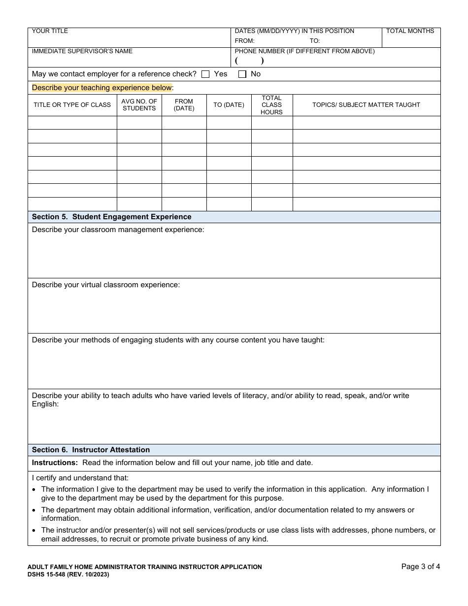 DSHS Form 15-548 Adult Family Home (Afh) Administrator Training Instructor Application - Washington, Page 3