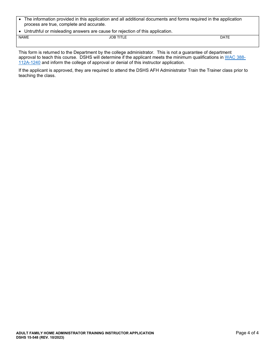 DSHS Form 15-548 Adult Family Home (Afh) Administrator Training Instructor Application - Washington, Page 4
