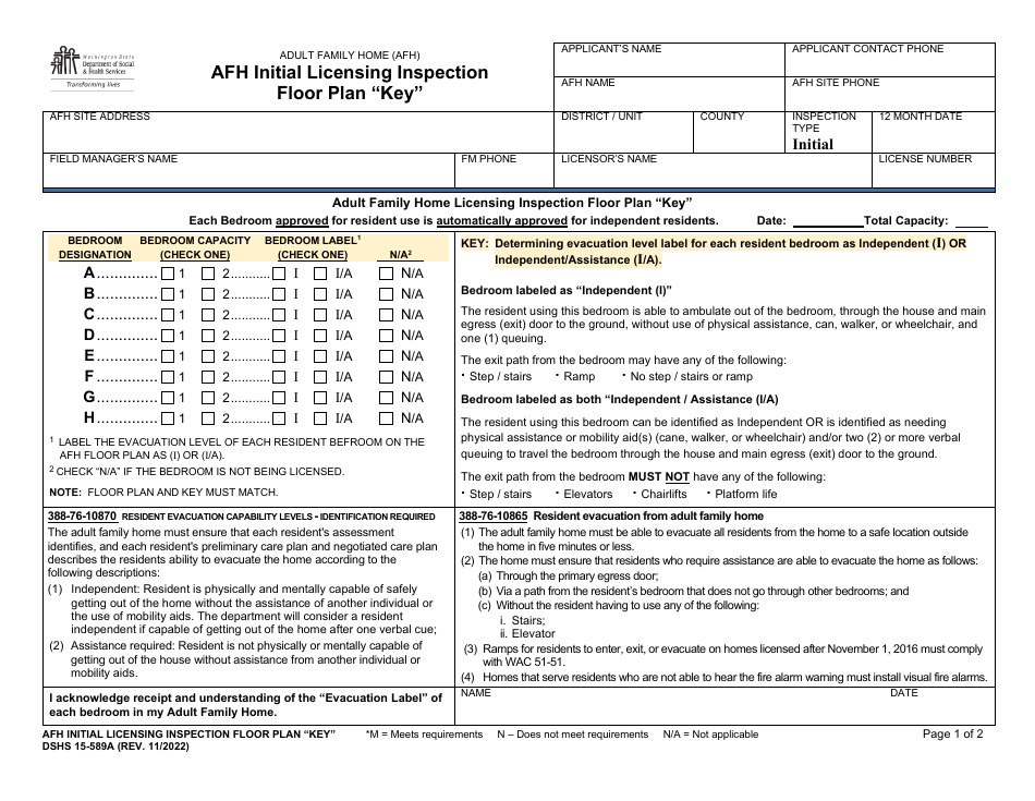 DSHS Form 15-589A Afh Initial Licensing Inspection Floor Plan key - Washington, Page 1