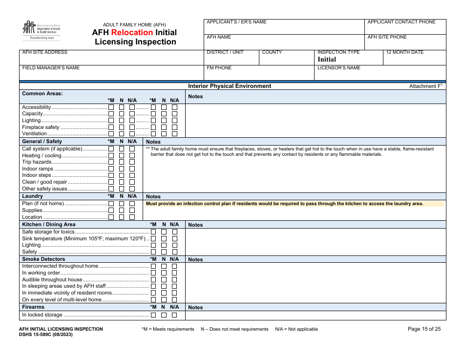 DSHS Form 15-589C Afh Relocation Initial Licensing Inspection - Washington, Page 15
