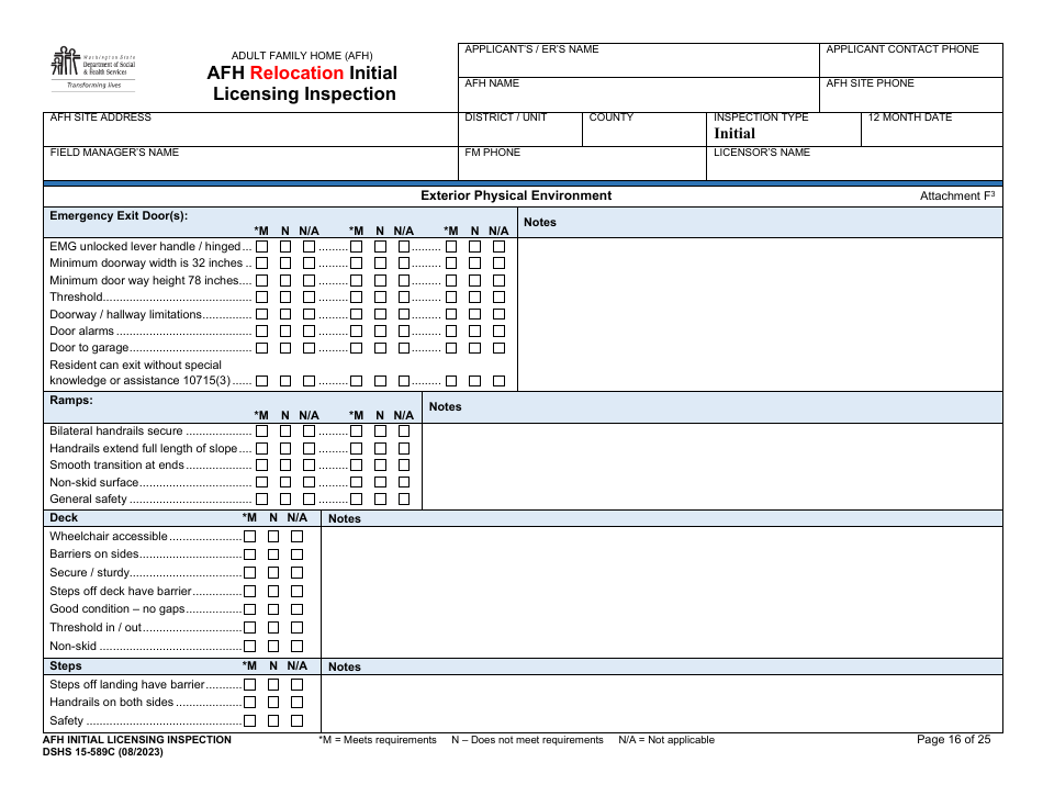 DSHS Form 15-589C Afh Relocation Initial Licensing Inspection - Washington, Page 16