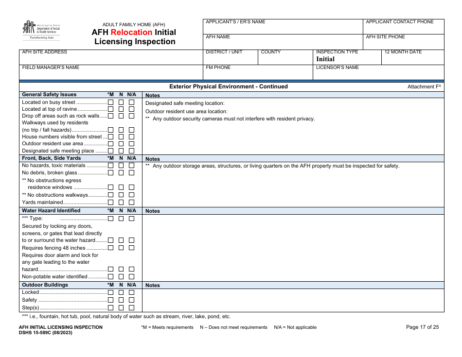 DSHS Form 15-589C Afh Relocation Initial Licensing Inspection - Washington, Page 17