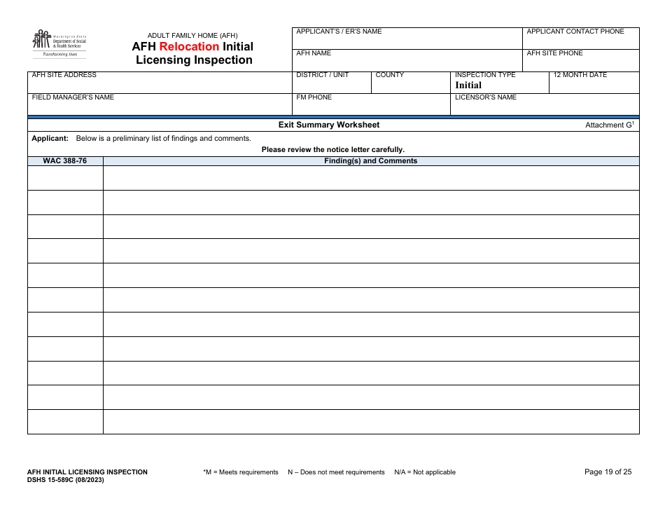 DSHS Form 15-589C Afh Relocation Initial Licensing Inspection - Washington, Page 19