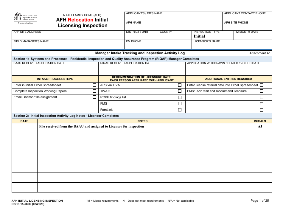 DSHS Form 15-589C Afh Relocation Initial Licensing Inspection - Washington, Page 1