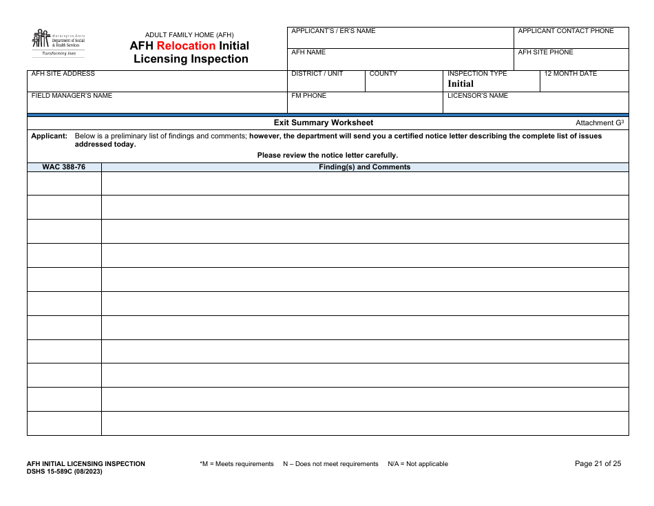 DSHS Form 15-589C Afh Relocation Initial Licensing Inspection - Washington, Page 21