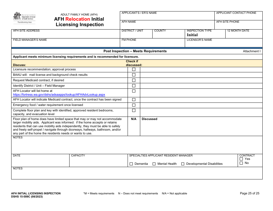 DSHS Form 15-589C Afh Relocation Initial Licensing Inspection - Washington, Page 25