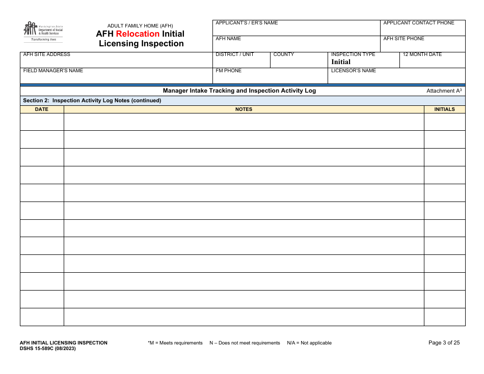 DSHS Form 15-589C Afh Relocation Initial Licensing Inspection - Washington, Page 3