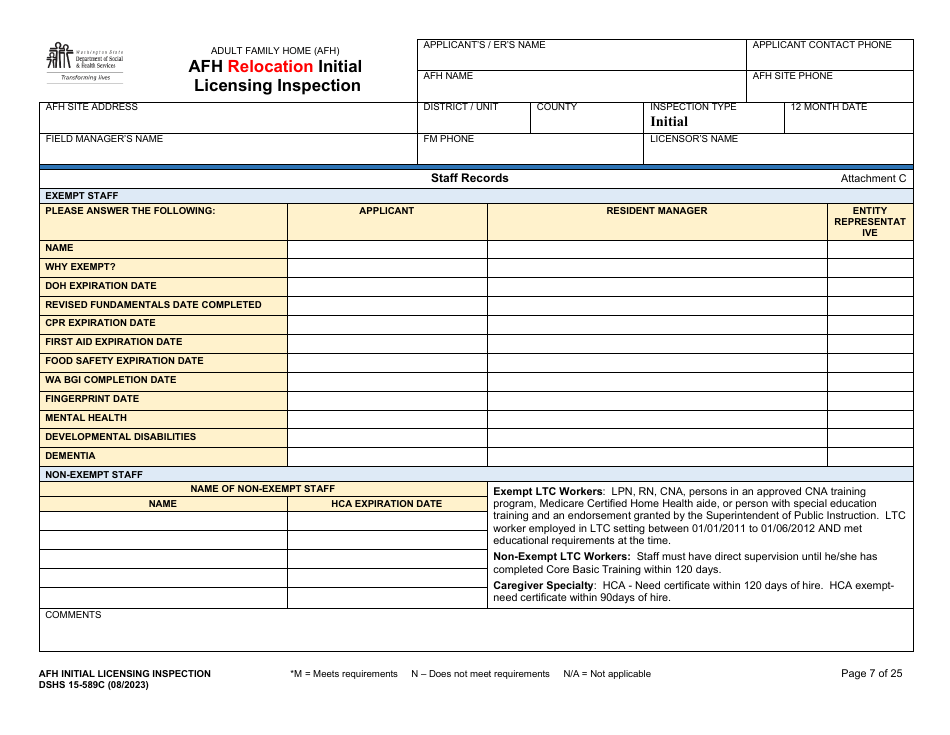DSHS Form 15-589C Afh Relocation Initial Licensing Inspection - Washington, Page 7