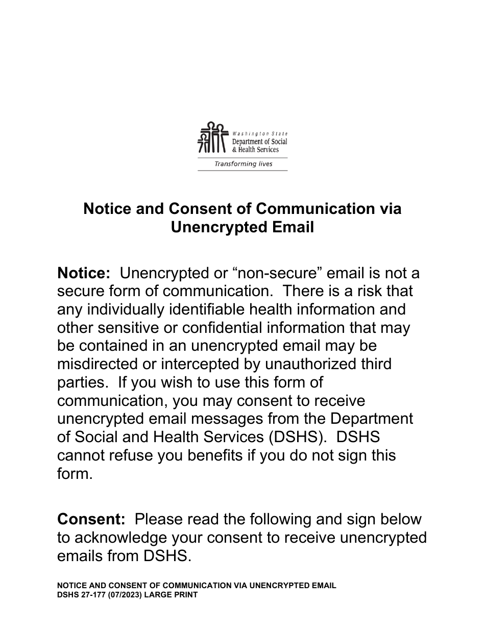 DSHS Form 27-177 Notice and Consent of Communication via Unencrypted Email (Large Print) - Washington, Page 1